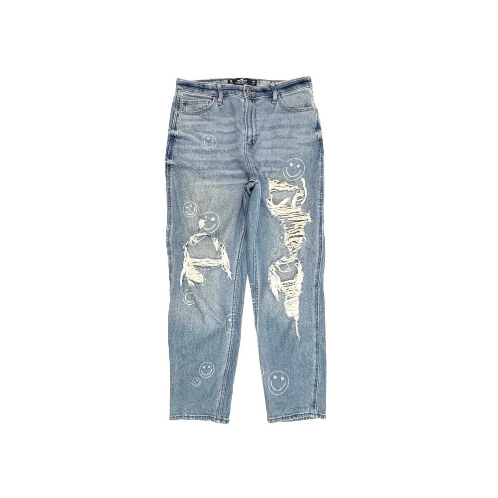Hollister High Rise Mom Jean Distressed Women's‎ size 7 Smile Pattern Blue Jeans